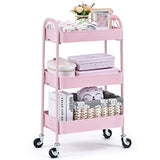 TOOLF 3 Tier Rolling Cart, No Screw Metal Utility Cart, Easy Assemble Utility Serving Cart, Sturdy Storage Trolley with Handles, Locking Wheels, for Classroom Office Home Bedroom Bathroom, Pink