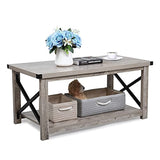 JAXSUNNY Modern Farmhouse Coffee Table with Storage Shelf, Wood Look Rustic Coffee Table w/Metal X Frame, Accent Cocktail Table for Living Room, Grey Wash