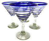 Dos Sueños Mexican Hand Blown Glass – Set of 4 Hand Blown Modern Margarita Glasses - Blue Spiral (12 oz)