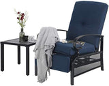 PHI VILLA Patio Metal Adjustable Relaxing Recliner Lounge Chair and Small Side Table Set, Blue