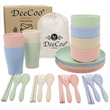 DeeCoo Wheat Straw Dinnerware Sets of 4 (24pcs), Unbreakable and Lightweight Serving Bowls, Cups, Plates, Chopsticks, Forks, Spoons Set, Microwave & Dishwasher Safe Dish Bowl for Kids or Picnics