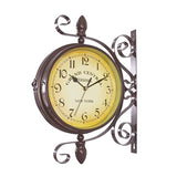 Homello Double Sided Wall Clock - Wrought Iron Vintage-Inspired Station Clock with Scroll Wall Side Mount - 360 Degree Rotation Home Décor Wall Clock