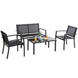 Vongrasig 4 Pieces Patio Furniture Sets, Small Modern Metal Textilene Outdoor Furniture Conversation Sets, Lawn Garden Porch Balcony Mesh Bistro Set Backyard Patio Set w/Loveseat&Glass Table (Black)