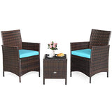 Quality Outdoor Living  3PCS Patio Furniture Set Rattan Wicker Bistro Set with Glass Coffee Table and Cushions Outdoor Conversation Set for Garden Lawn Poolside Backyard