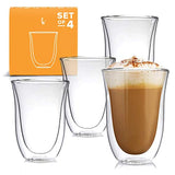 Kitchables Latte Cups Double Walled Coffee Glasses Set of 4 - Clear Glass Thermo Insulated Stackable Mugs, 7.5oz