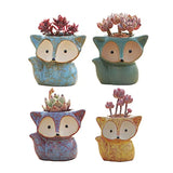 Winemana Set of 4 Ceramic Succulent Pots, Fox Shaped Flowerpot, Colorful Bonsai Planter Container