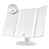 Jerrybox Trifold LED Lighted Makeup Mirror Touch Screen USB Charging with 16 Natural LEDs 180° Adjustable Cosmetic Makeup Folding Illuminating (Free 5X Magnification Mirror)