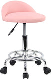 KKTONER PU Leather Round Rolling Stool with Back Rest Height Adjustable Swivel Drafting Work SPA Task Chair with Wheels Pink