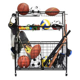 STORAGEGEAR Kinghouse Sports Equipment Organizer for Kids, Ball Storage Rack, Garage Ball Storage, Sports Gear Storage, Garage Organizer with Baskets and Hooks, Rolling Sports Ball Storage Cart, Black, Steel