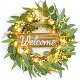 Fulldepot Front Door Wreath, 25.19 inches Artificial Eucalyptus Wreath, Front Porch Decor with Light and Welcome Sign, Farmhouse Decor for Festival, Wall, Window, Party and Front Door