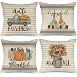 AENEY Fall Decor Pillow Covers 18x18 Set of 4 Pumpkin Gnomes Truck Sunflower Vase Outdoor Fall Pillows Decorative Throw Pillows Farmhouse Thanksgiving Autumn Cushion Case for Couch A407-18