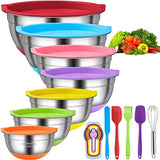 CHAREADA Mixing Bowls with Airtight Lids, 18pcs Stainless Steel Nesting Colorful Mixing Bowls Set – Non-slip Silicone Bottom, Size 7, 5.5, 4, 3.5, 2.5, 2, 1.5 qt, Fit for Mixing & Serving