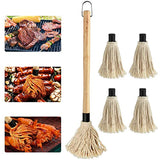 AUSHEN 18 Inch BBQ Grill Basting Mops Brush for Grilling and Roasting,Wooden Long Handle and Cotton Fiber Head with 4 Extra Replacement Heads for BBQ Grilling Smoking Steak