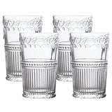 Kingrol 4 Pack Crystal Water Glasses, 12 oz Vintage Drinking Glasses Tumblers, Embossed Highball Glassware Set for Juice, Beverage, Beer, Cocktail