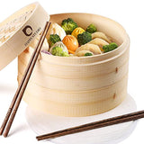 HAPPI STUDIO Bamboo Steamer Basket 10 Inch with 2 Sets of Chopsticks and 50 Steamer Liners - Two-Tier Dumpling Steamer Basket & Dim Sum Steamer Bamboo for Cooking Bao Buns, Vegetable, Rice