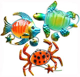 GIFTME 5 Metal Beach Wall Art Decor Set of 3 Metal Seaturtle Fish and Crab with Stained Glass Wall Art for Pool, Patio, Bathroom or Pool,Deck,Balcony Wall Decor(10 inch,Multicolor)