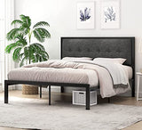 SHA CERLIN Queen Bed Frame with Upholstered Button Tufted Square Stitch Headboard, Platform Bed Frame with Strong Metal Slats, Mattress Foundation, No Box Spring Needed, Easy Assembly, Dark Grey