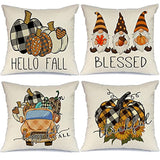 AENEY Fall Pillow Covers 18x18 Set of 4 for Fall Decor Buffalo Plaid Pumpkin Thankful Blessed Gnomes Truck Outdoor Thanksgiving Pillows Decorative Throw Pillows Cushion Case for Couch A412-18