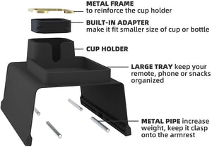 Elimiko Couch Tray, Silicone Anti-Spill and Anti-Slip Recliner Table Tray, Strong and Weighted Remote/ Snacks/ Cellphone/ Earbuds Sofa Arm Cup Holder for Recliner Accessories, Armchair (Black)