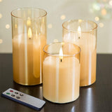 Eywamage Gold Glass Flameless Candles with Remote, Flickering LED Battery Candles for Home Decor Gifts, 3 Pack D 3" H 4" 5" 6"