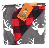 Dear Baby Gear Deluxe Reversible Baby Blankets, Custom Minky Print White Antlers, Red and Black Buffalo Plaid Minky