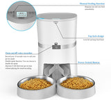 WellToBe Automatic Cat Feeder, WellToBe Pet Feeder Food Dispenser for Cat & Small Dog with Two-Way Splitter and Double Bowls, up to 6 Meals with Portion Control, Voice Recorder - Battery and Plug-in Power