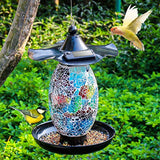 OLIKER Solar Bird Feeder for Outside Hanging Outdoor,Mosaic Decor,Solar Powered Garden Lantern Lights Bird-House Wild Hanging Bird Feeder Waterproof Unique Retro Bird Feeder for Outdoors