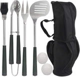 POLIGO 7pcs Golf-Club Style Grilling Accessories Set with Rubber Handle - Stainless Steel BBQ Tools in Bag for Camping - Premium Grill Utensils Kit Present Ideal Fathers Day Birthday Gifts for Men Dad