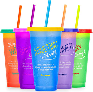 Funqyware Color Changing Cups with Lids and Straws for Adults - 5 Reusable Tumblers with Lids and Straws In Summer Colors, 24oz Plastic Iced Coffee Cup Set, Durable & Splash-Proof Water Tumbler with Straw