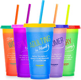 Funqyware Color Changing Cups with Lids and Straws for Adults - 5 Reusable Tumblers with Lids and Straws In Summer Colors, 24oz Plastic Iced Coffee Cup Set, Durable & Splash-Proof Water Tumbler with Straw