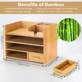 ProAid Bamboo Desktop Organizer | Home Office Bamboo Desk Drawer Organizer - 4 Tier Durable Wood Table Top Storage for Pencils, Notepads, Documents & Office Supplies