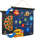 SIMPLUXX Magnetic Dart Board - Kids Fun Space Adventure or Monster Mayhem Portable Dartboard Set. with Traditional Bulls Eye Game on Reversible Double Sided Back, Played with Safe Magnet Darts