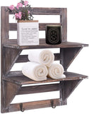 RHF Rustic Shelves Bathroom Shelf Over Toilet Wood Wall Mounted Shelves for Bathroom Floating Shelves Wall Shelves 2 Hooks 2-Tier,Hanging Shelf Organiser Rack,Bathroom Decor (Brown)