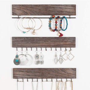 RHF Jewelry Organizer, Wall Mounted Wood Hanging Jewelry Holder, Necklace Holder, Bracelets Rings Earrings Hook Racks Bar with 26 Hooks, 12 Inch, Brown