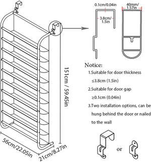 FKUO 10-Tier Over The Door Shoe Organizer Hanging Shoe Storage with 2 Customized Strong Metal Hooks for Closet Pantry Kitchen Accessory - Space Saving Solution (10 Layer, White)