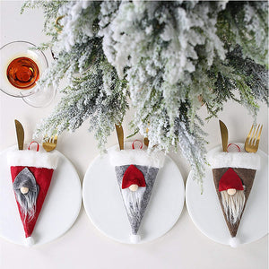 PAMASE 12pcs Christmas Gnome Silverware Holders- Scandinavian Santa Gnome Tableware Bag Plush Christmas Knife and Fork Cover for Holiday Xmas Party Dinner Table Decoration