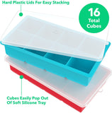 GDREAMT Large Silicone Ice Cube Trays - 2 Pack 8 Square Cubes per Tray Ideal for Whiskey, Cocktails, Soups, Baby Food and Frozen Treats - Flexible and BPA Free and Includes Covers for Easy Stacking