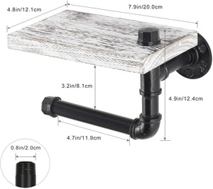 CADUKE Industrial Toilet Paper Holder, Tissue Holder Wall Mounted with Wood Shelf, Vintage Pipe Toilet Paper Holder for Bathroom Washroom Farmhouse Kitchen, White