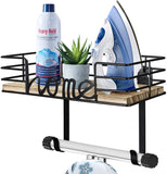 Modesign Ironing Board Hanger Wall Mounted, Iron and Ironing Board Holder with Large Storage, Metal Wall Mount with Wooden Base Storage Basket and Hooks for Laundry Room