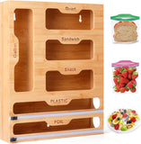 WimWam Bag Storage Organizer and Wrap Dispenser with Cutter and Labels, TOOVREN 2 in 1 Bamboo Kitchen Drawer Organizer, Foil and Plastic Wrap Organizer, Plastic Baggie Organizer Food Bag Organizer