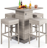 BARAYSTUS 5-Piece Outdoor Wicker Bar Table Set for Patio, Poolside, Backyard w/Built-in Bottle Opener, Hidden Storage Shelf, Metal Tabletop, 4 Stools - Gray