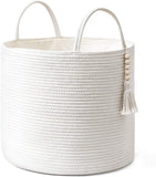 Mkono Woven Storage Basket Decorative Natural Rope Basket Wooden Bead Decoration for Blankets,Toys,Clothes,Shoes,Plant Organizer Bin with Handles Living Room Home Decor, White, 16