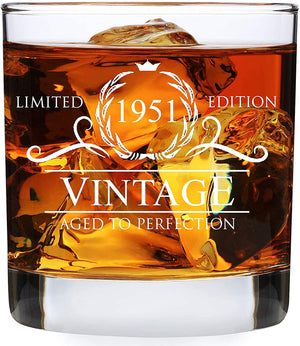 Humor Us Goods 70th Birthday Gifts for Men Women - 1951 Vintage 11oz Whiskey Glass - 70 Year Old Birthday Party Decorations - Seventieth Anniversary Presents for Parents Dad Mom - Seventy Class Reunion Rocks Glass