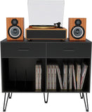 Iyrany Record Player Stand, Double Wide Turntable Stand with Record Storage, Vinyl Record Storage Cabinet with Metal Legs, Record Player Table Holds Up to 300 Albums for Living Room, Bedroom, Office, etc