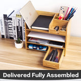 ProAid Bamboo Desktop Organizer | Home Office Bamboo Desk Drawer Organizer - 4 Tier Durable Wood Table Top Storage for Pencils, Notepads, Documents & Office Supplies