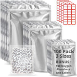 Premount 100 Mylar Bags for Food Storage With Oxygen Absorbers 300cc - 1 Gallon 4 Mil 10"x14", 6"x9", 4"x6" - Resealable Bags for Packaging Products & Smell Proof Ziplock Sealable Bags for Candy